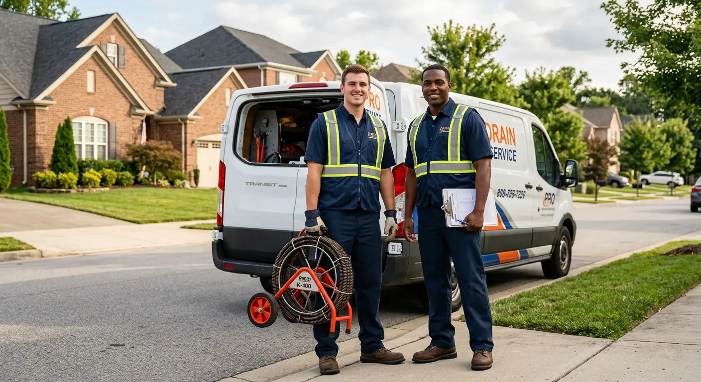 Sewer and drain service team with equipment ready for work in Mexia