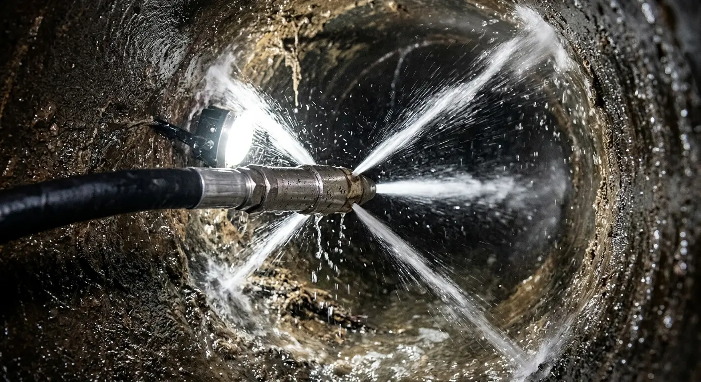 High-pressure hydro jetting nozzle cleaning sewer pipe for Trenchless Sewer Repair in Mexia