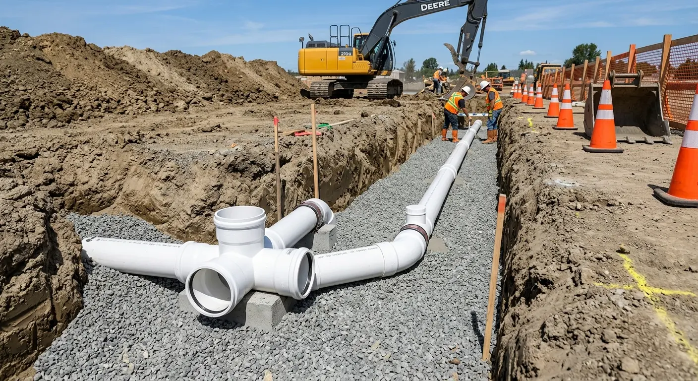 New PVC sewer pipe installation in open trench for Commercial Drain Cleaning in Mexia