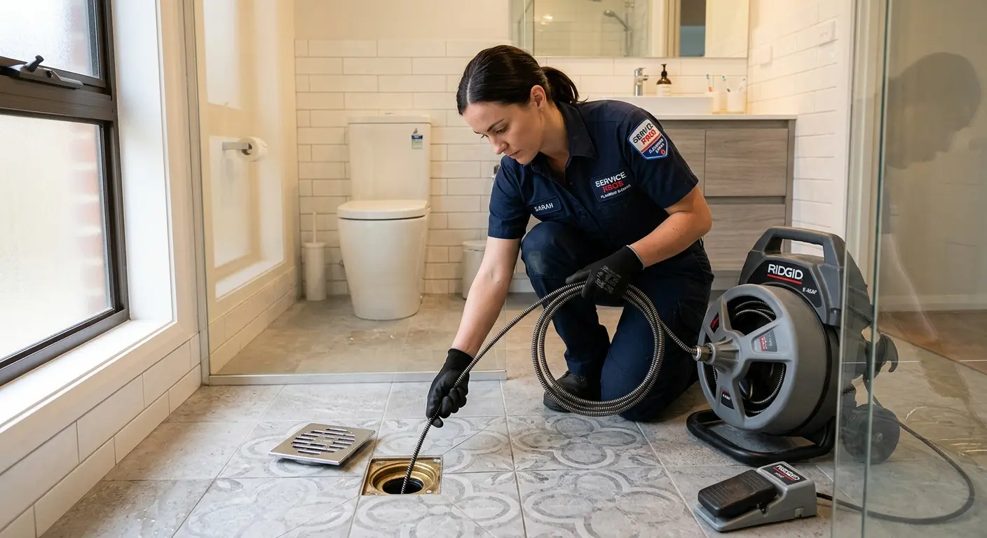 Technician clearing a bathroom floor drain for Clogged Drain Repair in Mexia